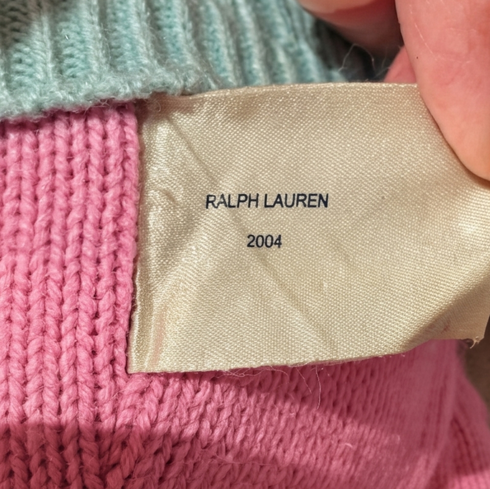 VTG 2004 Ralph Lauren Pink Cable Knit Polo Bear Teal Sweater - Picture 6 of 9